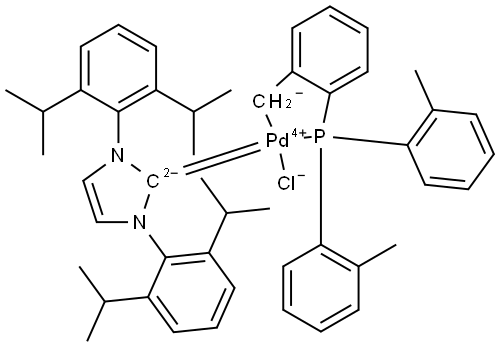 Palladium,[1,3-bis[2,6-bis(1-methylethyl)phenyl]-1,3-dihydro-2H-imidazol-2-ylidene][[2-[bis(2-methylphenyl)phosphino-κP]phenyl]methyl-κC]chloro-, (SP-4-4)- (ACI) Structure