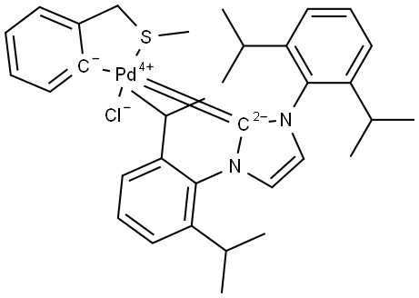 Palladium,[1,3-bis[2,6-bis(1-methylethyl)phenyl]-1,3-dihydro-2H-imidazol-2-ylidene]chloro[2-[(methylthio-κS)methyl]phenyl-κC]-, (SP-4-4)- (ACI) Structure