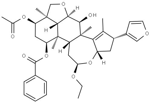 1H,5H-Cyclopent[a]isobenzofuro[7,1-gh][3]benzoxepin-7,9,12-triol, 5-ethoxy-2-(3-furanyl)-3,3a,6,6a,6b,7,8,9,9a,10,11a,11b,12,12a-tetradecahydro-1,6b,9a,12a-tetramethyl-, 9-acetate 7-benzoate, (2R,3aS,5R,6aR,6bR,7S,9R,9aR,11aR,11bR,12S,12aR)- Structure