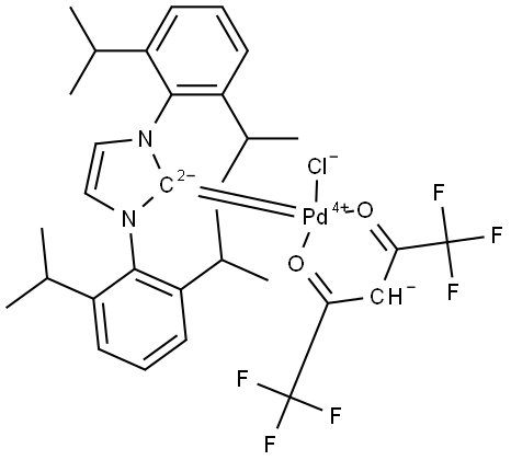 Palladium,[1,3-bis[2,6-bis(1-methylethyl)phenyl]-1,3-dihydro-2H-imidazol-2-ylidene]chloro(1,1,1,5,5,5-hexafluoro-2,4-pentanedionato-κO2,κO4)-, (SP-4-2)- (ACI) Structure