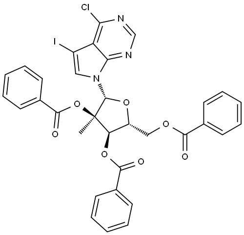 7H-Pyrrolo[2,3-d]pyrimidine, 4-chloro-5-iodo-7-(2,3,5-tri-O-benzoyl-2-C-methyl-β-D-ribofuranosyl) Structure