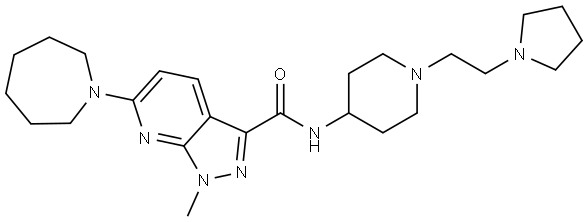 1H-Pyrazolo[3,4-b]pyridine-3-carboxamide, 6-(hexahydro-1H-azepin-1-yl)-1-methyl-N-[1-[2-(1-pyrrolidinyl)ethyl]-4-piperidinyl]- Structure