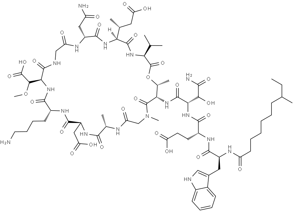 L-Valine, N-(8-methyl-1-oxodecyl)-L-tryptophyl-D-α-glutamyl-3-hydroxy-L-asparaginyl-L-threonyl-N-methylglycyl-L-alanyl-L-α-aspartyl-D-lysyl-3-methoxy-L-α-aspartylglycyl-D-asparaginyl-(3R)-3-methyl-L-α-glutamyl-, (13→4)-lactone Structure