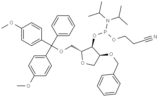 D-Ribitol, 1,4-anhydro-5-O-[bis(4-methoxyphenyl)phenylmethyl]-2-O-(phenylmethyl)-, 3-[2-cyanoethyl N,N-bis(1-methylethyl)phosphoramidite] Structure