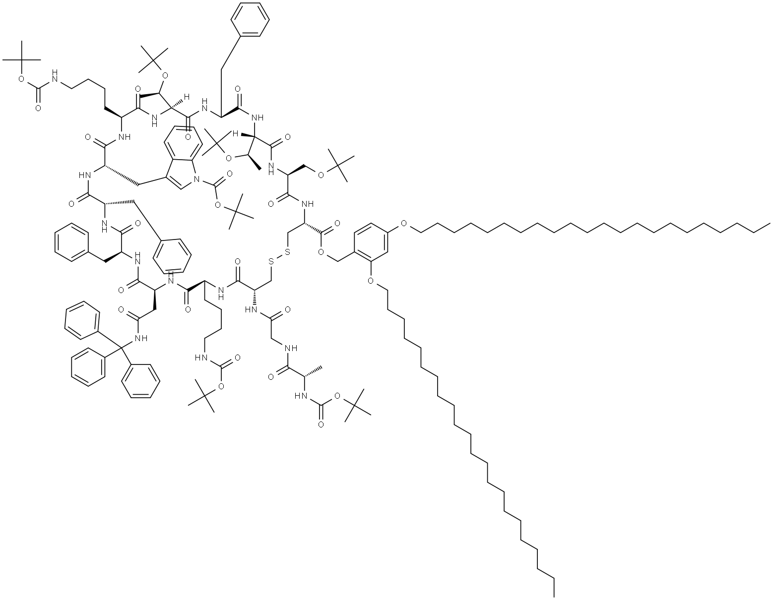 L-Cysteine, N-[(1,1-dimethylethoxy)carbonyl]-L-alanylglycyl-L-cysteinyl-N6-[(1,1-dimethylethoxy)carbonyl]-L-lysyl-N-(triphenylmethyl)-L-asparaginyl-L-phenylalanyl-L-phenylalanyl-1-[(1,1-dimethylethoxy)carbonyl]-L-tryptophyl-N6-[(1,1-dimethylethoxy)carbonyl]-L-lysyl-O-(1,1-dimethylethyl)-L-threonyl-L-phenylalanyl-O-(1,1-dimethylethyl)-L-threonyl-O-(1,1-dimethylethyl)-L-seryl-, [3,4,5-tris(octadecyloxy)phenyl]methyl ester, cyclic (3→14)-disulfide 구조식 이미지