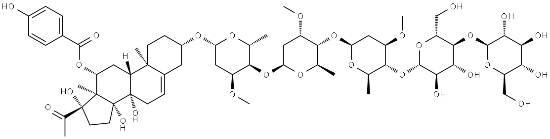 Pregn-5-en-20-one, 3-[(O-β-D-glucopyranosyl-(1→4)-O-β-D-glucopyranosyl-(1→4)-O-2,6-dideoxy-3-O-methyl-β-D-arabino-hexopyranosyl-(1→4)-O-2,6-dideoxy-3-O-methyl-β-D-ribo-hexopyranosyl-(1→4)-2,6-dideoxy-3-O-methyl-β-D-ribo-hexopyranosyl)oxy]-8,14,17-trihydroxy-12-[(4-hydroxybenzoyl)oxy]-, (3β,12β,14β,17α)- Structure