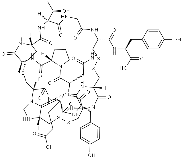 L-Tyrosine, N-[(2R)-3-mercapto-2-[(4R)-4-(mercaptomethyl)-5-oxo-1-imidazolidinyl]-1-oxopropyl]-L-α-glutamyl-L-tyrosyl-L-cysteinyl-L-cysteinyl-L-asparaginyl-L-prolyl-L-alanyl-L-cysteinyl-L-threonylglycyl-L-cysteinyl-, cyclic (12→4),(13→8),(3→11)-tris(disulfide) Structure