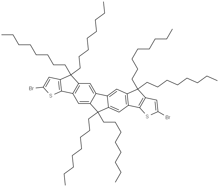 2,9-Dibromo-7,12-dihydro-4,4,7,7,12,12-hexaoctyl-4H-thieno[2′′,3′′:1′,2′]indeno[5′,6′:5,6]-s-indaceno[1,2-b]thiophene Structure