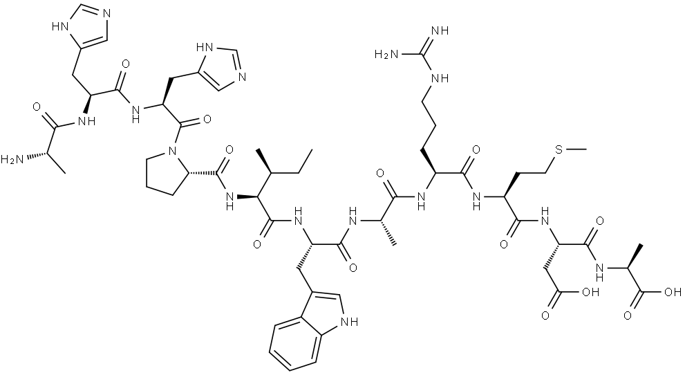 L-Alanine, L-alanyl-L-histidyl-L-histidyl-L-prolyl-L-isoleucyl-L-tryptophyl-L-alanyl-L-arginyl-L-methionyl-L-α-aspartyl- Structure