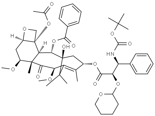 Benzenepropanoic acid, β-[[(1,1-dimethylethoxy)carbonyl]amino]-α-[(tetrahydro-2H-pyran-2-yl)oxy]-, (2aR,4S,4aS,6R,9S,11S,12S,12aR,12bS)-12b-(acetyloxy)-12-(benzoyloxy)-2a,3,4,4a,5,6,9,10,11,12,12a,12b-dodecahydro-11-hydroxy-4,6-dimethoxy-4a,8,13,13-tetramethyl-5-oxo-7,11-methano-1H-cyclodeca[3,4]benz[1,2-b]oxet-9-yl ester, (αR,βS)- Structure