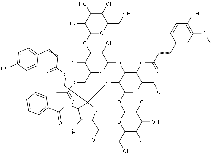 α-D-Glucopyranoside, 3-O-benzoyl-1-O-[3-(4-hydroxyphenyl)-1-oxo-2-propen-1-yl]-β-D-fructofuranosyl O-β-D-glucopyranosyl-(1→3)-O-6-O-acetyl-β-D-glucopyranosyl-(1→3)-O-[β-D-glucopyranosyl-(1→2)]-, 4-[3-(4-hydroxy-3-methoxyphenyl)-2-propenoate] Structure