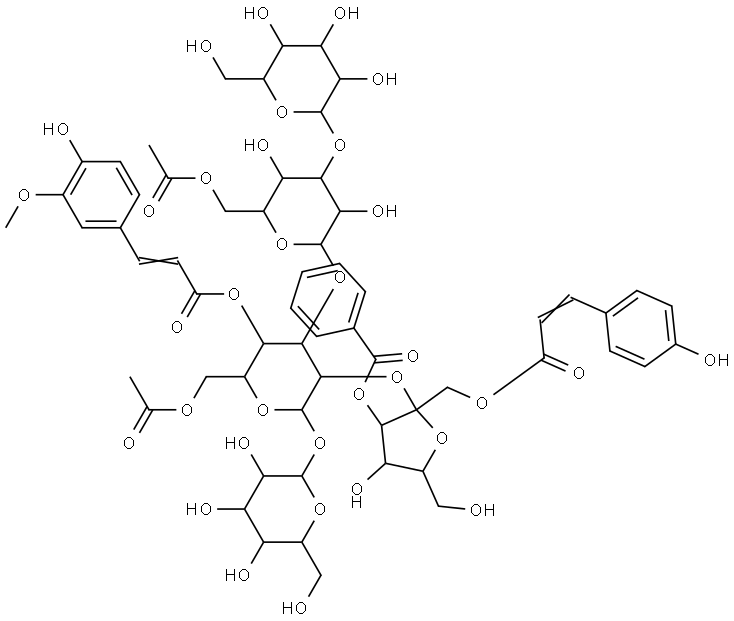 α-D-Glucopyranoside, 3-O-benzoyl-1-O-[3-(4-hydroxyphenyl)-1-oxo-2-propen-1-yl]-β-D-fructofuranosyl O-β-D-glucopyranosyl-(1→3)-6-O-acetyl-β-D-glucopyranosyl-(1→3)-O-[β-D-glucopyranosyl-(1→2)]-, 6-acetate 4-[3-(4-hydroxy-3-methoxyphenyl)-2-propenoate] Structure