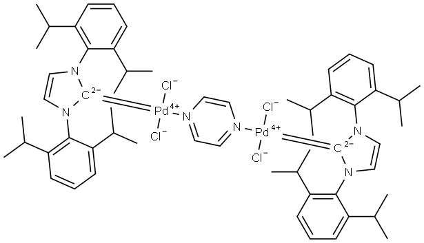 Palladium,bis[1,3-bis[2,6-bis(1-methylethyl)phenyl]-1,3-dihydro-2H-imidazol-2-ylidene]tetrachloro[μ-(pyrazine-κN1:κN4)]di-, stereoisomer (ACI) Structure