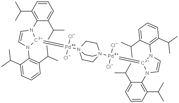 Palladium,bis[1,3-bis[2,6-bis(1-methylethyl)phenyl]-1,3-dihydro-2H-imidazol-2-ylidene]tetrachloro[μ-(1,4-diazabicyclo[2.2.2]octane-κN1:κN4)]di-, stereoisomer (ACI) Structure