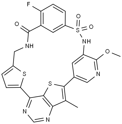 19H-22,25-Epithio-4,6:7,11:14,18-trimetheno-12H-pyrimido[5,4-j][1,9,2,5,17]dithiatriazacyclotricosin-19-one, 17-fluoro-20,21-dihydro-10-methoxy-29-methyl-, 13,13-dioxide Structure