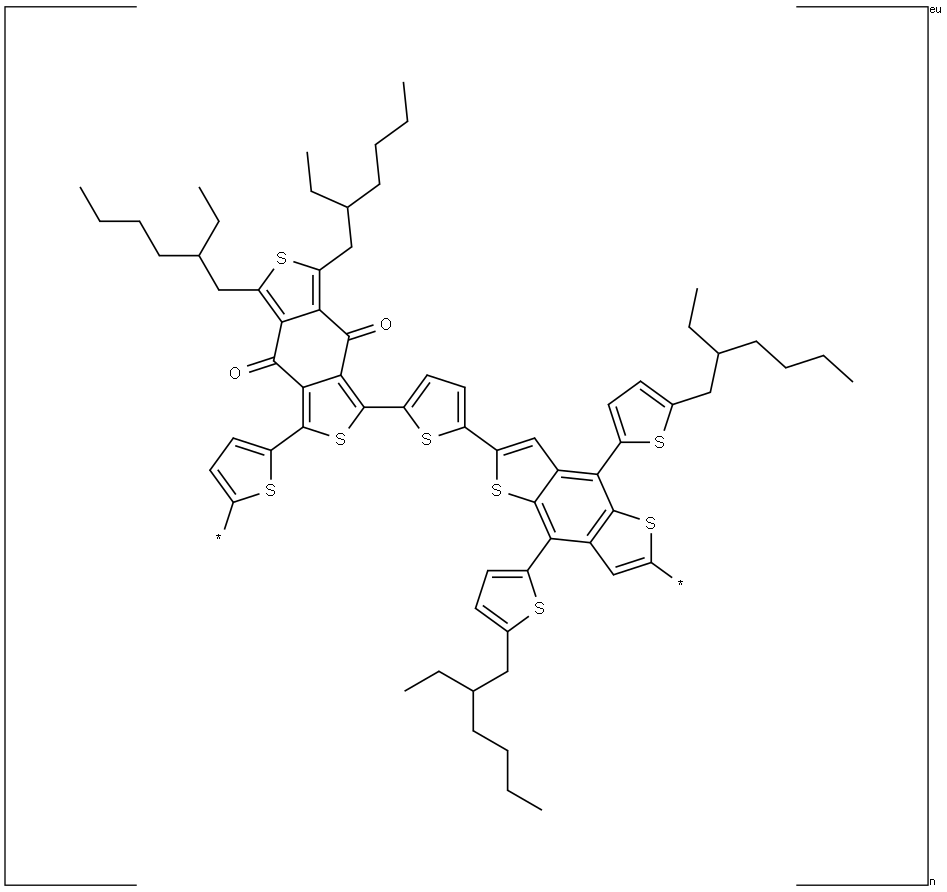 poly[(2,6-(4,8-bis(5-(2-ethylhexyl)thiophen-2-yl)-benzo[1,2-b:4,5-b']dithiophene))-alt-(5,5- (1',3'-di-2-thienyl-5',7'-bis(2-ethylhexyl)benzo[1',2'-c:4',5'-c']dithiophene-4,8-dione))] Structure