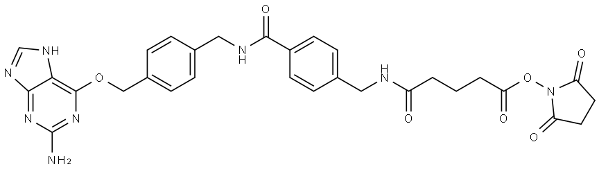 2,5-dioxopyrrolidin-1-yl 4-{[(4-{[(4-{[(2-amino-7H-purin-6-yl)oxy]methyl}phenyl)methyl]carbamoyl}phenyl)methyl]carbamoyl}butanoate Structure