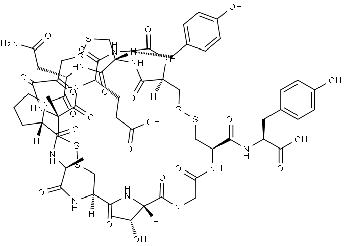 L-Tyrosine, N-(3-mercapto-1-oxopropyl)-L-cysteinyl-L-α-glutamyl-L-tyrosyl-L-cysteinyl-L-cysteinyl-L-asparaginyl-L-prolyl-L-alanyl-L-cysteinyl-L-threonylglycyl-L-cysteinyl-, cyclic (1N→5),(1S→9),(4→12)-tris(disulfide) Structure