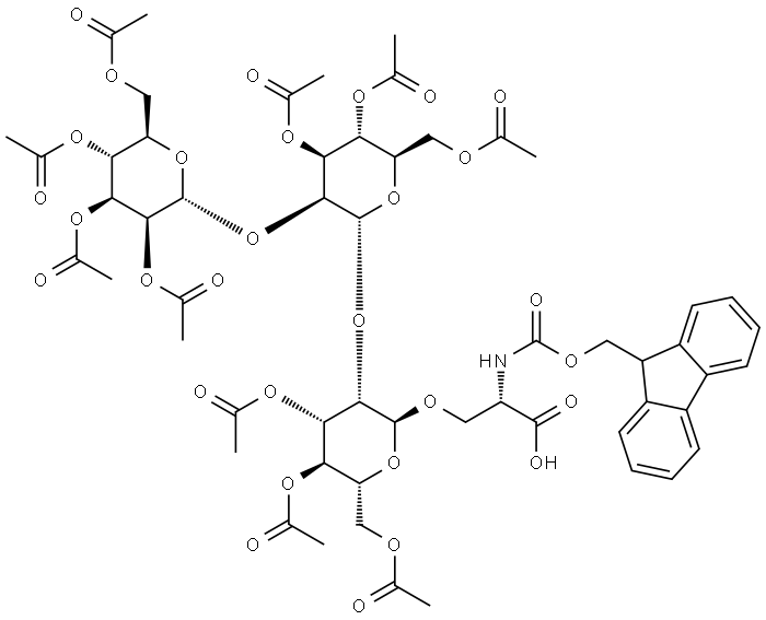 L-Serine, N-[(9H-fluoren-9-ylmethoxy)carbonyl]-O-(O-2,3,4,6-tetra-O-acetyl-α-D-mannopyranosyl-(1→2)-O-3,4,6-tri-O-acetyl-α-D-mannopyranosyl-(1→2)-3,4,6-tri-O-acetyl-α-D-mannopyranosyl)- Structure