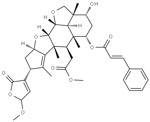 2H,3H-Cyclopenta[d']naphtho[1,8-bc:2,3-b']difuran-6-acetic acid, 8-(2,5-dihydro-5-methoxy-2-oxo-3-furanyl)-2a,4,5,5a,6,6a,8,9,9a,10a,10b,10c-dodecahydro-3-hydroxy-2a,5a,6a,7-tetramethyl-5-[[(2E)-1-oxo-3-phenyl-2-propen-1-yl]oxy]-, methyl ester, (2aR,3R,5S,5aR,6R,6aR,8R,9aR,10aS,10bR,10cR)- Structure