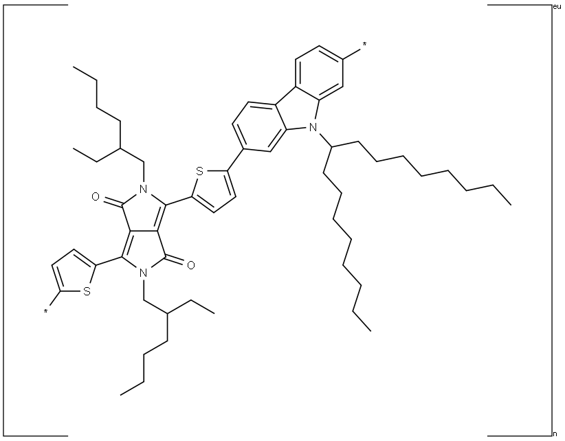 Poly[[9-(1-octylnonyl)-9H-carbazole-2,7-diyl]-2,5-thiophenediyl[2,5-bis(2-ethylhexyl)-2,3,5,6-tetrahydro-3,6-dioxopyrrolo[3,4-c]pyrrole-1,4-diyl]-2,5-thiophenediyl] Structure