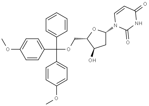 2,4(1H,3H)-Pyrimidinedione, 1-[5-O-[bis(4-methoxyphenyl)phenylmethyl]-2-deoxy-β-L-erythro-pentofuranosyl]- Structure