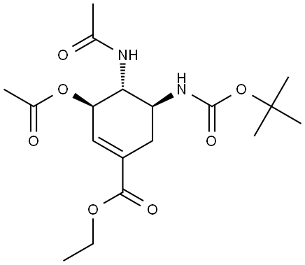 1-Cyclohexene-1-carboxylic acid, 4-(acetylamino)-3-(acetyloxy)-5-[[(1,1-dimethylethoxy)carbonyl]amino]-, ethyl ester, (3R,4R,5S)- Structure