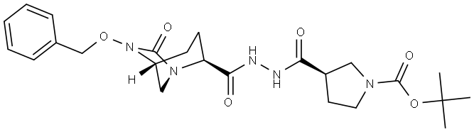 tert-butyl (3R)-3-(2-((2S,5R)-6-(benzyloxy)-7-oxo-   1,6-diazabicyclo[3.2.1]octane-2-carbonyl)hydrazine-1-carbonyl)pyrrolidine-1-carboxylate Structure