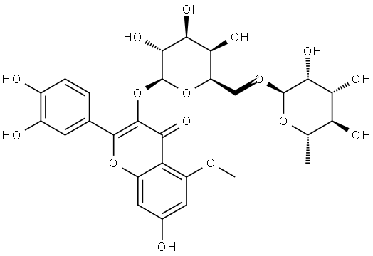 4H-1-Benzopyran-4-one, 3-[[6-O-(6-deoxy-α-L-mannopyranosyl)-β-D-galactopyranosyl]oxy]-2-(3,4-dihydroxyphenyl)-7-hydroxy-5-methoxy- Structure