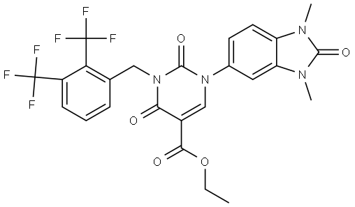 ethyl 3-(2,3-bis(trifluoromethyl)benzyl)-1-(1,3-dimethyl-2-oxo-2,3-dihydro-1H-benzo[d]imidazol-5-yl)-2,4-dioxo-1,2,3,4-tetrahydropyrimidine-5-carboxylate 구조식 이미지