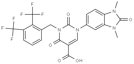 3-(2,3-bis(trifluoromethyl)benzyl)-1-(1,3-dimethyl-2-oxo-2,3-dihydro-1H-benzo[d]imidazol-5-yl)-2,4-dioxo-1,2,3,4-tetrahydropyrimidine-5-carboxylic acid Structure