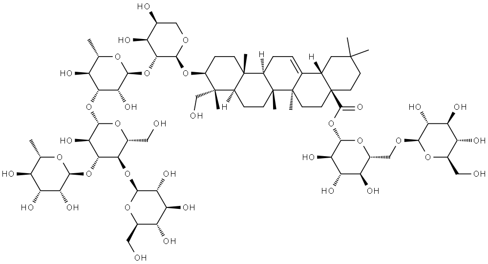 Olean-12-en-28-oic acid, 3-[(O-6-deoxy-α-L-mannopyranosyl-(1→3)-O-[β-D-glucopyranosyl-(1→4)]-O-β-D-glucopyranosyl-(1→3)-O-6-deoxy-α-L-mannopyranosyl-(1→2)-α-L-arabinopyranosyl)oxy]-23-hydroxy-, 6-O-β-D-glucopyranosyl-β-D-glucopyranosyl ester, (3β,4α)- Structure