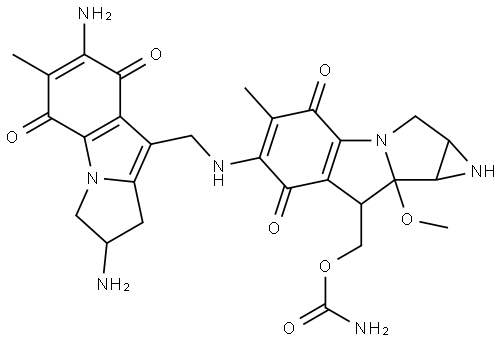 Azirino[2',3':3,4]pyrrolo[1,2-a]indole-4,7-dione, 8-[[(aminocarbonyl)oxy]methyl]-6-[[(2,7-diamino-2,3,5,8-tetrahydro-6-methyl-5,8-dioxo-1H-pyrrolo[1,2-a]indol-9-yl)methyl]amino]-1,1a,2,8,8a,8b-hexahydro-8a-methoxy-5-methyl-, [1aS-[1aα,6(S*),8β,8aα,8bα]]- (9CI) Structure