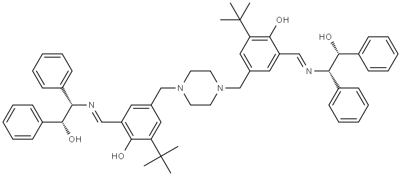 Benzeneethanol, β,β′-[1,4-piperazinediylbis[methylene[5-(1,1-dimethylethyl)-6-hydroxy-3,1-phenylene]-(E)-methylidynenitrilo]]bis[α-phenyl-, (αR,α′R,βS,β′S)- Structure