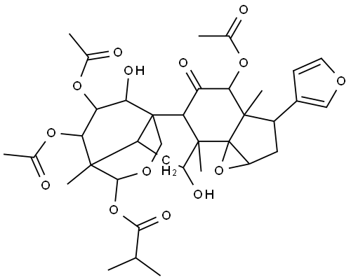 24-Norchola-20,22-diene-4-carboxaldehyde, 2,3,12-tris(acetyloxy)-14,15:21,23-diepoxy-1,7,19-trihydroxy-4,8-dimethyl-11-oxo-, cyclic 4,19-[2-methyl-1-oxopropyl (S)-acetal], (1α,2α,3α,4β,5α,7α,12α,13α,14β,15β,17α)- Structure