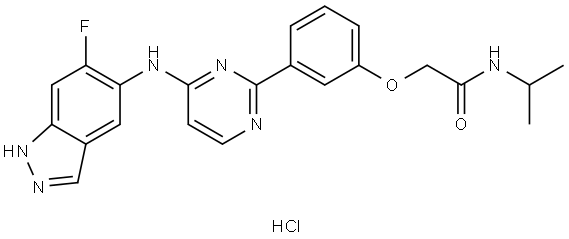 2-(3-(4-((6-fluoro-1H-indazol-5-yl)amino)pyrimidin-2-yl)phenoxy)-N-isopropylacetamide hydrochloride Structure