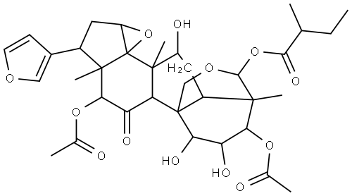 24-Norchola-20,22-diene-4-carboxaldehyde, 3,12-bis(acetyloxy)-14,15:21,23-diepoxy-1,2,7,19-tetrahydroxy-4,8-dimethyl-11-oxo-, cyclic 4,19-(2-methyl-1-oxobutyl acetal), (1α,2α,3α,4β,5α,7α,12α,13α,14β,15β,17α)- (9CI) Structure