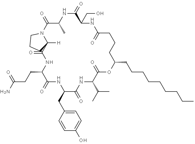 Cyclo[D-alanyl-L-prolyl-L-glutaminyl-D-tyrosyl-L-valyl-(5S)-5-hydroxytetradecanoyl-D-seryl] Structure