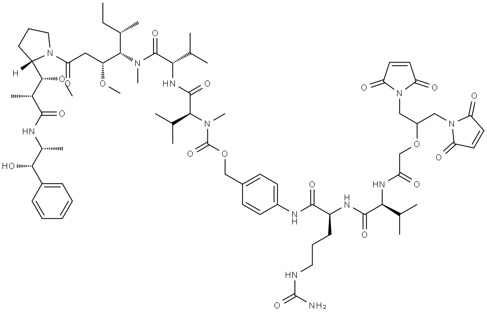 L-Valinamide, N-[[[4-[[N-[2-[2-(2,5-dihydro-2,5-dioxo-1H-pyrrol-1-yl)-1-[(2,5-dihydro-2,5-dioxo-1H-pyrrol-1-yl)methyl]ethoxy]acetyl]-L-valyl-N5-(aminocarbonyl)-L-ornithyl]amino]phenyl]methoxy]carbonyl]-N-methyl-L-valyl-N-[(1S,2R)-4-[(2S)-2-[(1R,2R)-3-[[(1R,2S)-2-hydroxy-1-methyl-2-phenylethyl]amino]... Structure