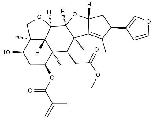 2H,3H-Cyclopenta[d']naphtho[1,8-bc:2,3-b']difuran-6-acetic acid, 8-(3-furanyl)-2a,4,5,5a,6,6a,8,9,9a,10a,10b,10c-dodecahydro-3-hydroxy-2a,5a,6a,7-tetramethyl-5-[(2-methyl-1-oxo-2-propen-1-yl)oxy]-, methyl ester, (2aR,3R,5S,5aR,6R,6aR,8R,9aR,10aS,10bR,10cR)- Structure