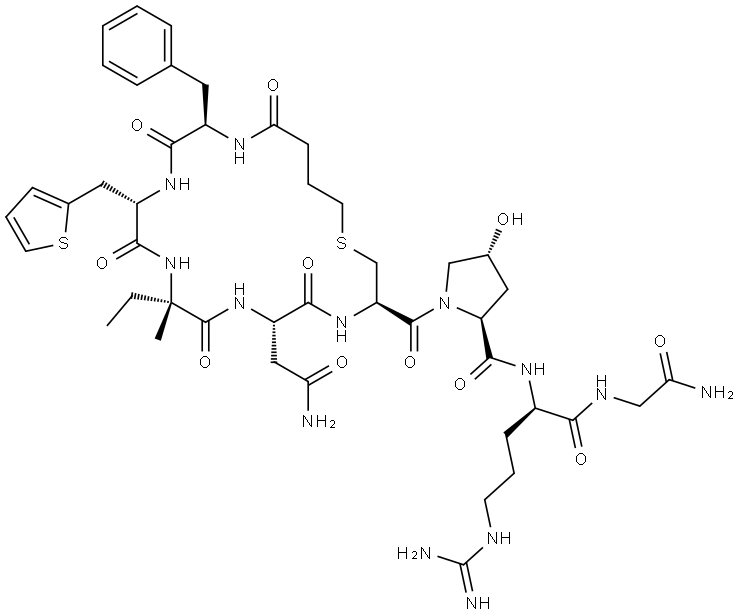 Glycinamide, N-(4-mercapto-1-oxobutyl)-D-phenylalanyl-3-(2-thienyl)-L-alanyl-L-isovalyl-L-asparaginyl-L-cysteinyl-(4R)-4-hydroxy-L-prolyl-D-arginyl-, cyclic (1→5)-thioether Structure