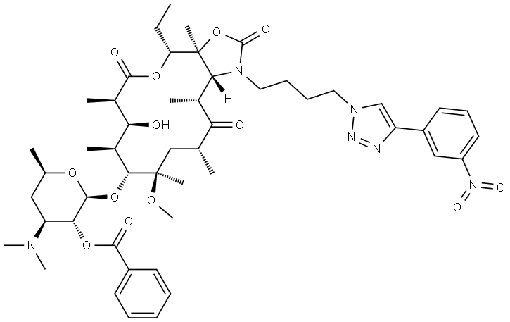 2H-Oxacyclotetradecino[4,3-d]oxazole-2,6,14(1H,7H)-trione, 10-[[2-O-benzoyl-3,4,6-trideoxy-3-(dimethylamino)-β-D-xylo-hexopyranosyl]oxy]-4-ethyldecahydro-8-hydroxy-11-methoxy-3a,7,9,11,13,15-hexamethyl-1-[4-[4-(3-nitrophenyl)-1H-1,2,3-triazol-1-yl]butyl]-, (3aS,4R,7R,8S,9S,10R,11R,13R,15R,15aR)- Structure