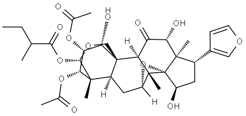 24-Norchola-14,20,22-triene-4-carboxaldehyde, 2,3-bis(acetyloxy)-7,14:21,23-diepoxy-1,12,15,19-tetrahydroxy-4,8-dimethyl-11-oxo-, cyclic 4,19-(2-methyl-1-oxobutyl acetal), [C(S),1α,2α,3α,4β,5α,7α,12α,13α,15β,17α]- Structure