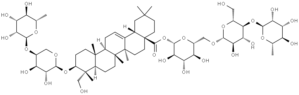 3-O-α-L-rhammnopyranosyl(1→2)-α-L-arabinopyranosyl-olean-28-O-α-L-rhammnopyranosyl-(1→4) -β-D-glucopyranosyl-(1→6)-β-D- glucopyranoside Structure