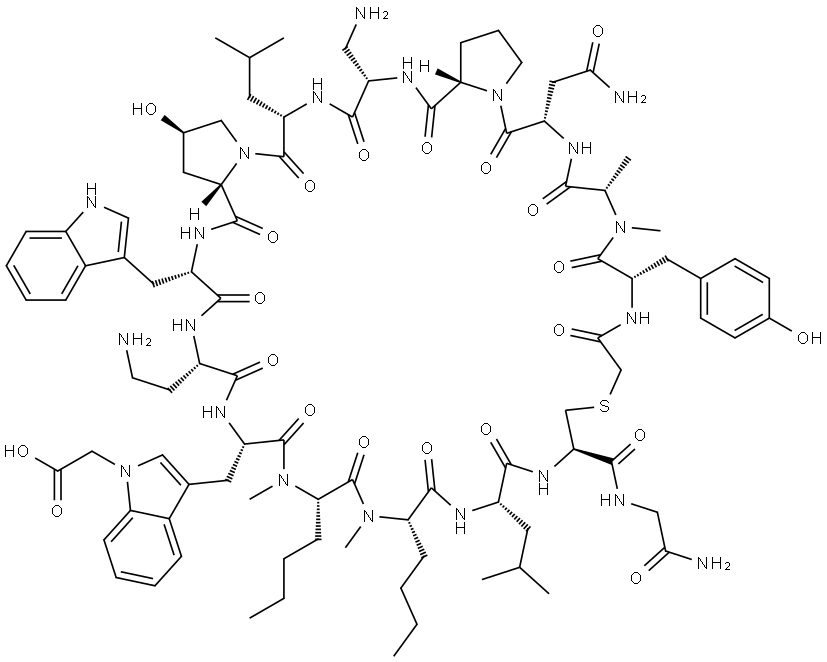 Glycinamide, N-(2-mercaptoacetyl)-L-tyrosyl-N-methyl-L-alanyl-L-asparaginyl-L-prolyl-3-amino-L-alanyl-L-leucyl-(4R)-4-hydroxy-L-prolyl-L-tryptophyl-(2S)-2,4-diaminobutanoyl-1-(carboxymethyl)-L-tryptophyl-N-methyl-L-norleucyl-N-methyl-L-norleucyl-L-leucyl-L-cysteinyl-, cyclic (1→14)-thioether Structure