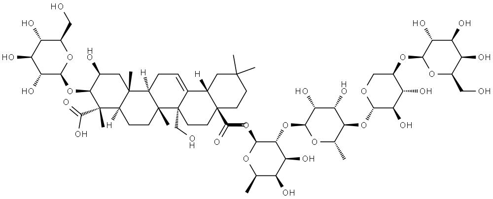 Olean-12-ene-23,28-dioic acid, 3-(β-D-glucopyranosyloxy)-2,27-dihydroxy-, 28-(O-β-D-galactopyranosyl-(1→4)-O-β-D-xylopyranosyl-(1→4)-O-6-deoxy-α-L-mannopyranosyl-(1→2)-6-deoxy-β-D-galactopyranosyl) ester, (2β,3β,4α)- Structure