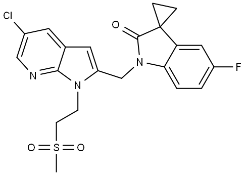 Spiro[cyclopropane-1,3′-[3H]indol]-2′(1′H)-one, 1′-[[5-chloro-1-[2-(methylsulfonyl)ethyl]-1H-pyrrolo[2,3-b]pyridin-2-yl]methyl]-5′-fluoro- Structure