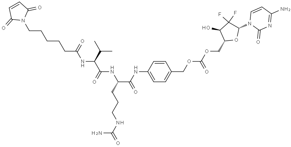 L-Ornithinamide, N-[6-(2,5-dihydro-2,5-dioxo-1H-pyrrol-1-yl)-1-oxohexyl]-L-valyl-N5-(aminocarbonyl)-N-[4-[(carboxyoxy)methyl]phenyl]-, 5′-ester with 2′-deoxy-2′,2′-difluorocytidine Structure