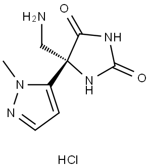 (S)-5-(aminomethyl)-5-(1-methyl-1H-pyrazol-5-yl)imidazolidine-2,4-dione hydrochloride Structure