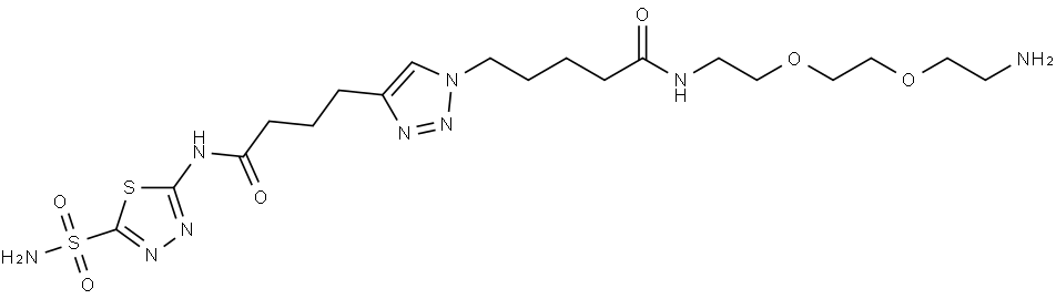 "N-(2-(2-(2-aminoethoxy)ethoxy)ethyl)-5-(4-(4-oxo -4-((5-sulfamoyl-1,3,4-thiadiazol-2-yl)amino)butyl)-1H-1,2,3-triazol-1-yl)pentanamid" Structure